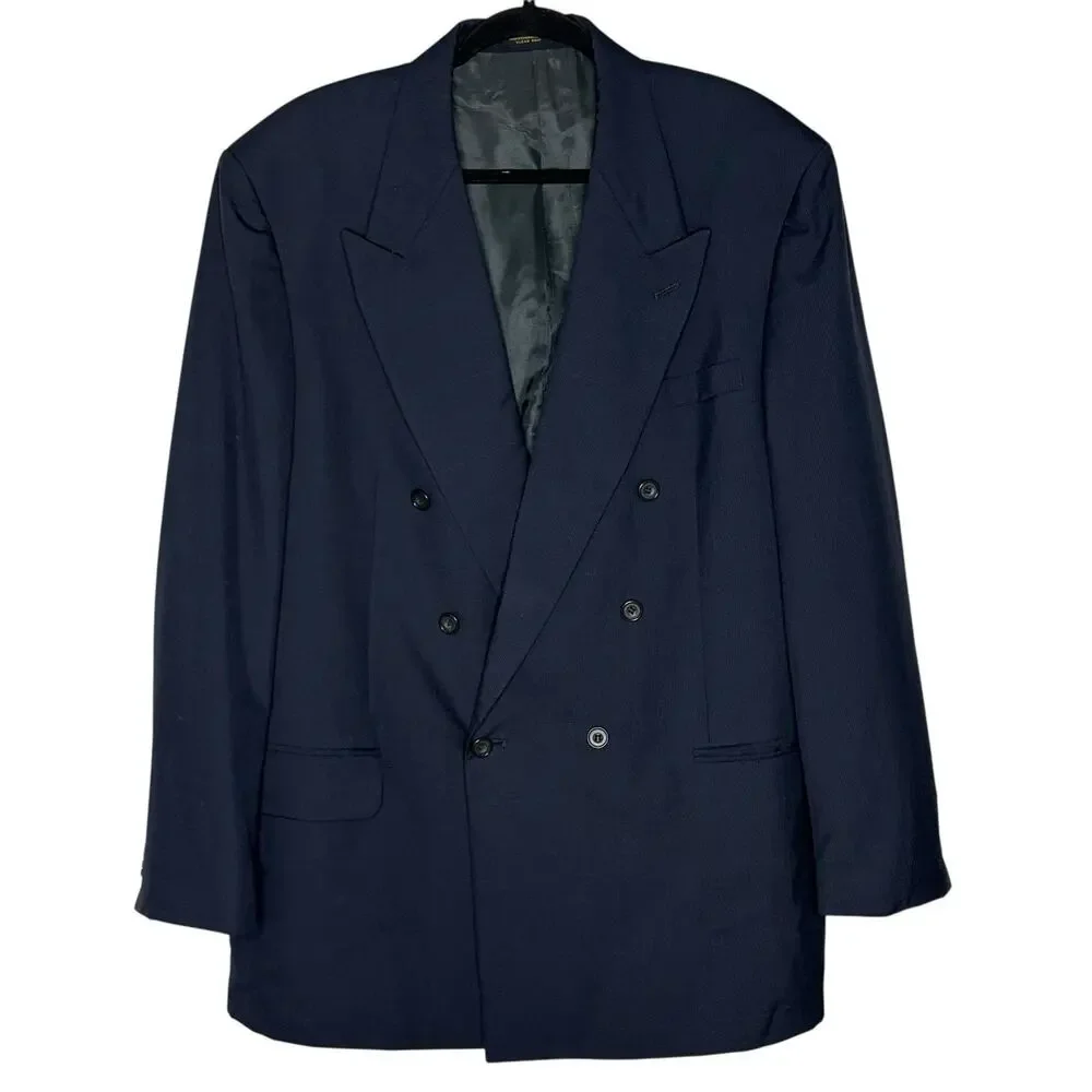 Vtg Oscar de la Renta Men’s Double Breasted Sport Coat Windowpane Navy Blue 46L
